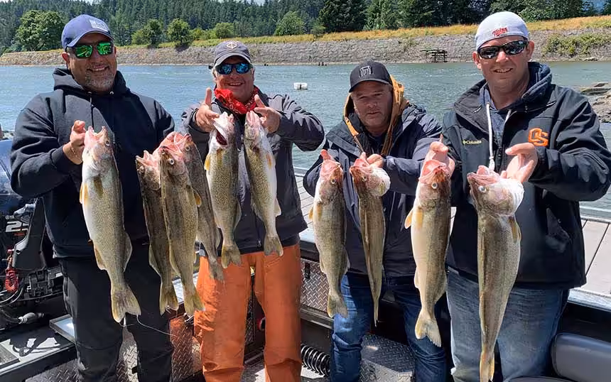 bx-walleye-fishing-1 Four men proudly display their catch of Walleye fish on a boat during a fishing trip on the Columbia River