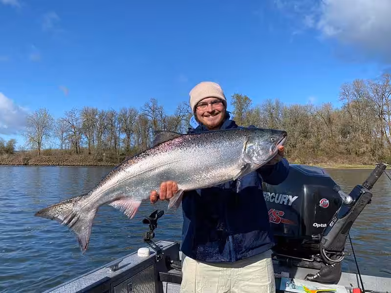 An angler holding a spring salmon on the Columbia River.