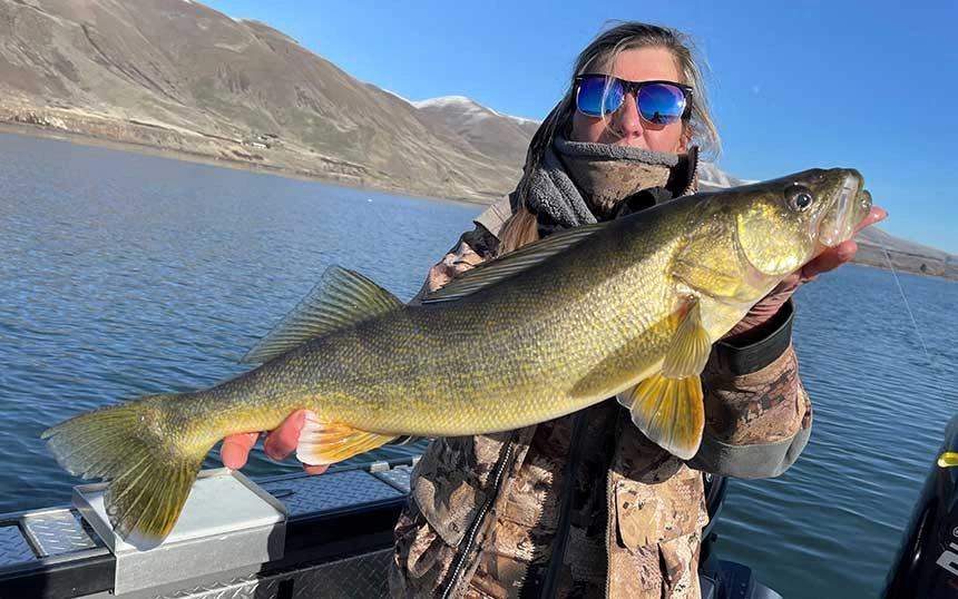 A person on a boat holds a large fish in their hands featuring Walleye Fishing Guide Columbia River