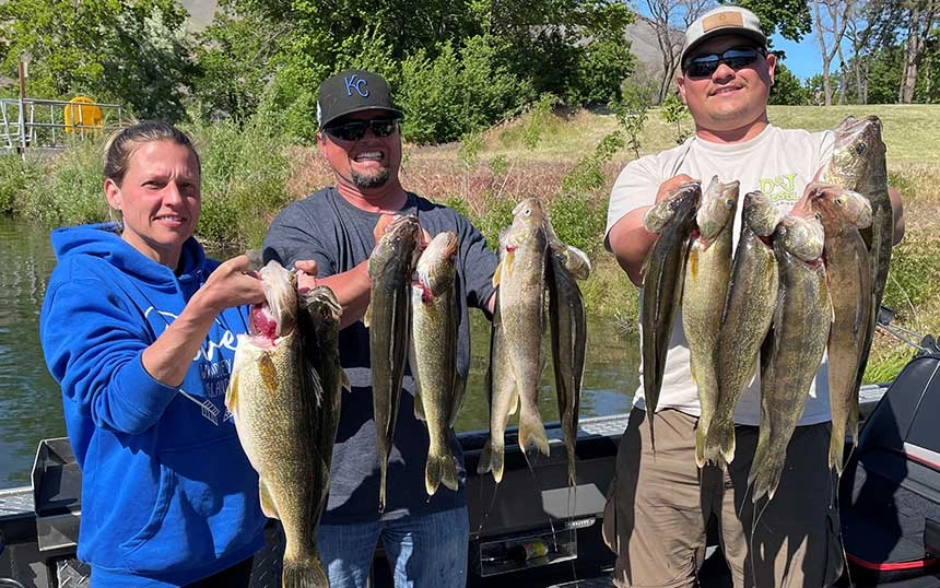 Three people holding multiple fish on a boat with Walleye Fishing Guide Columbia River